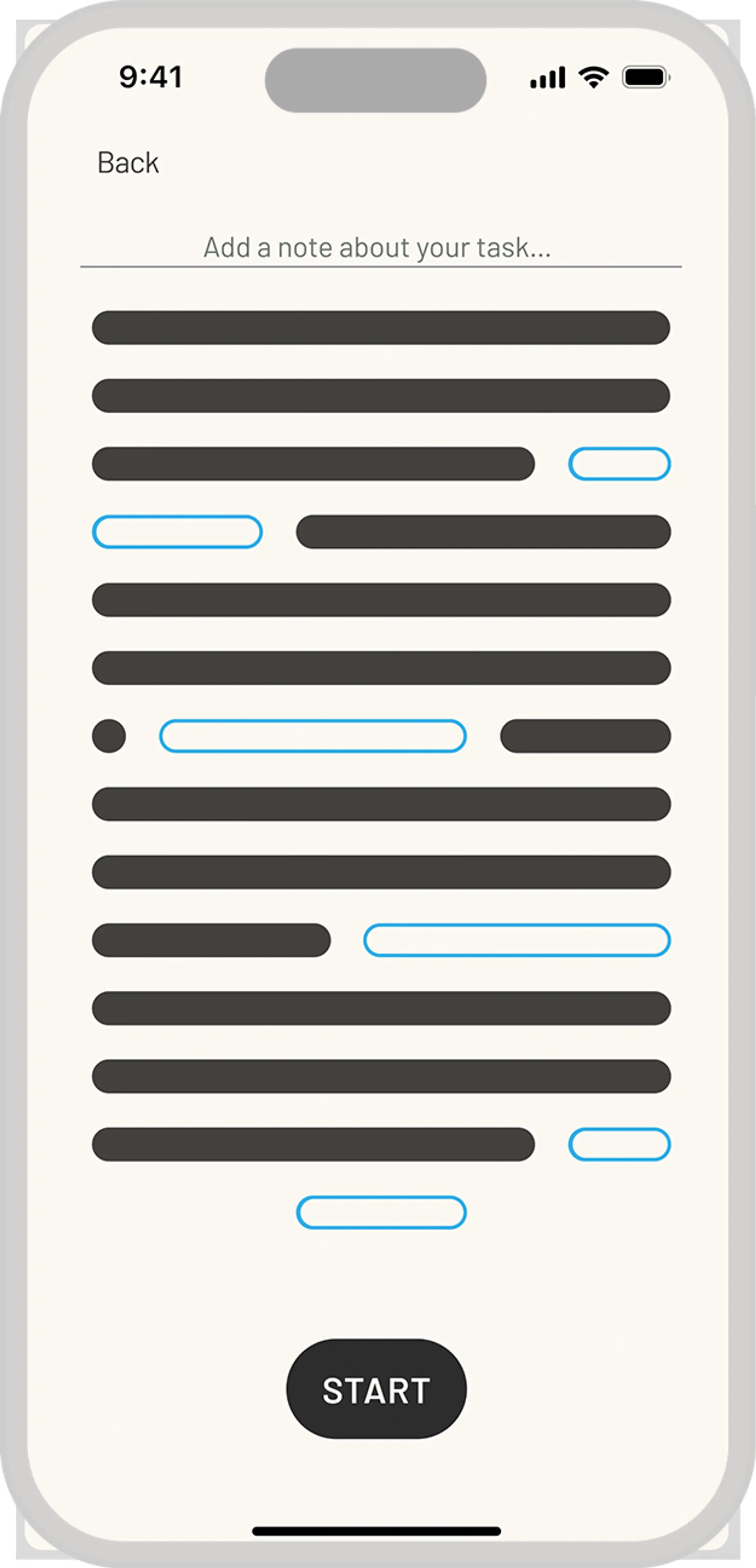 Initial screen for a basic Pomodoro timer, consisting of 4 - 25 minute active and 5 - 1 minute rest periods.