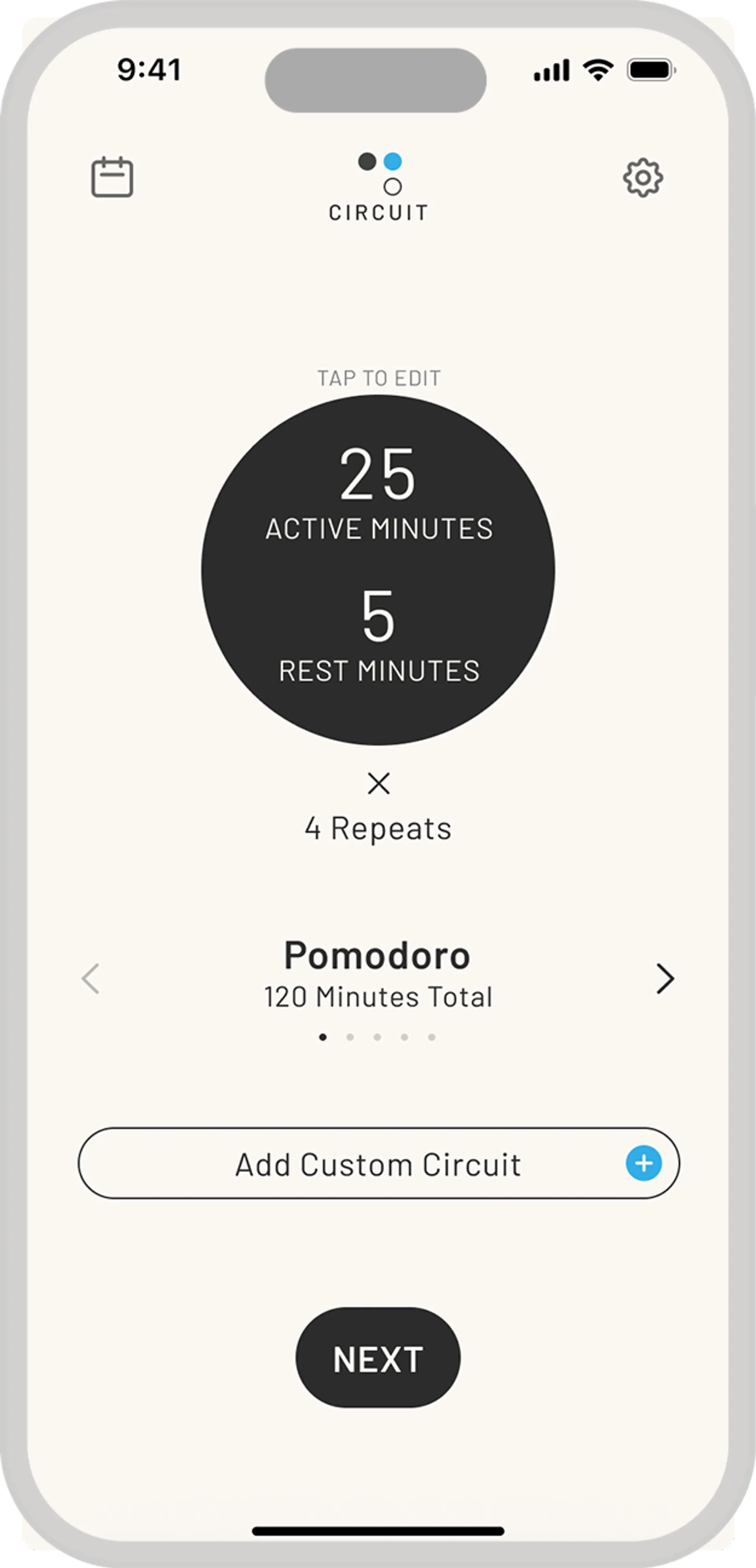 Initial screen for a basic Pomodoro timer, consisting of 4 - 25 minute active and 5 - 1 minute rest periods.