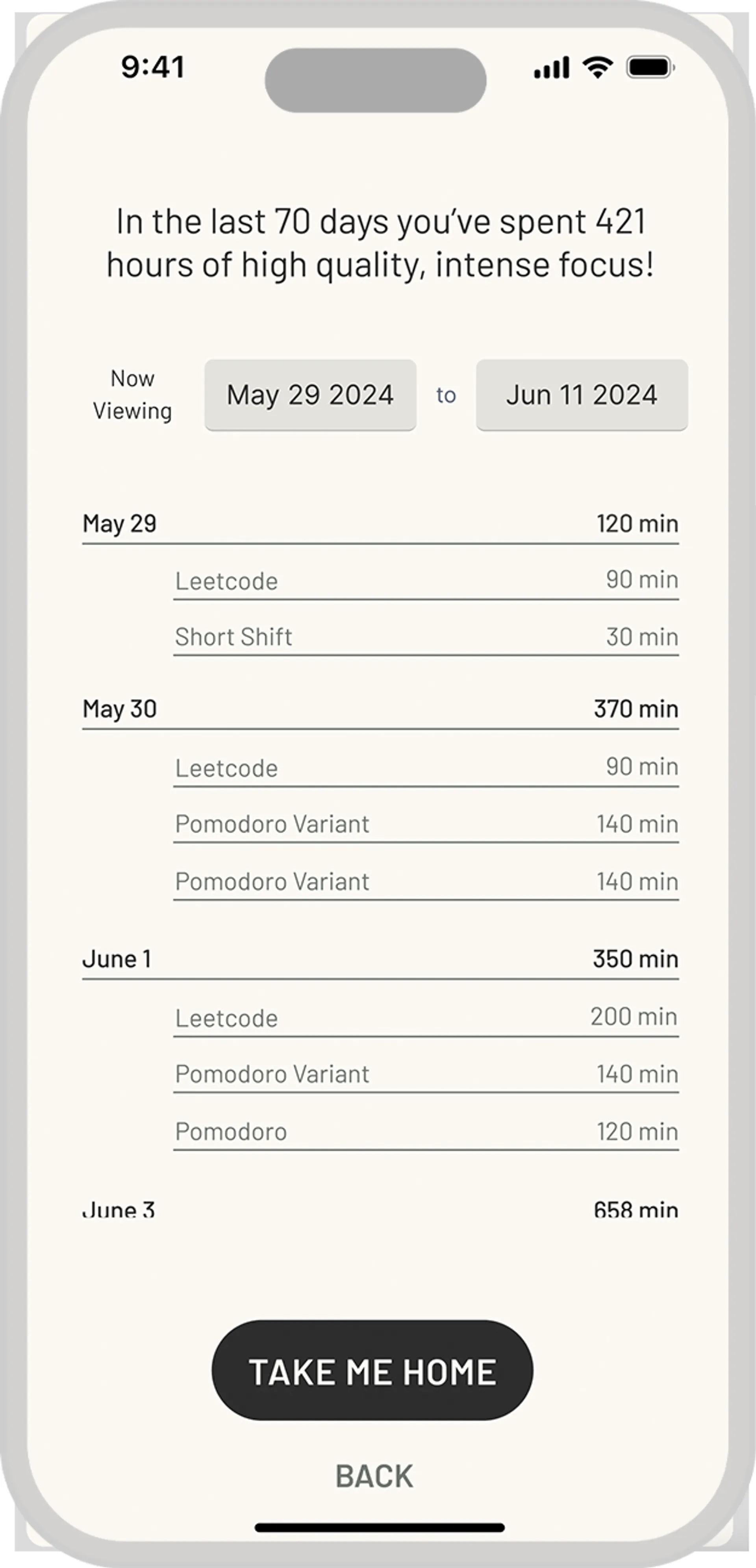Initial screen for a basic Pomodoro timer, consisting of 4 - 25 minute active and 5 - 1 minute rest periods.