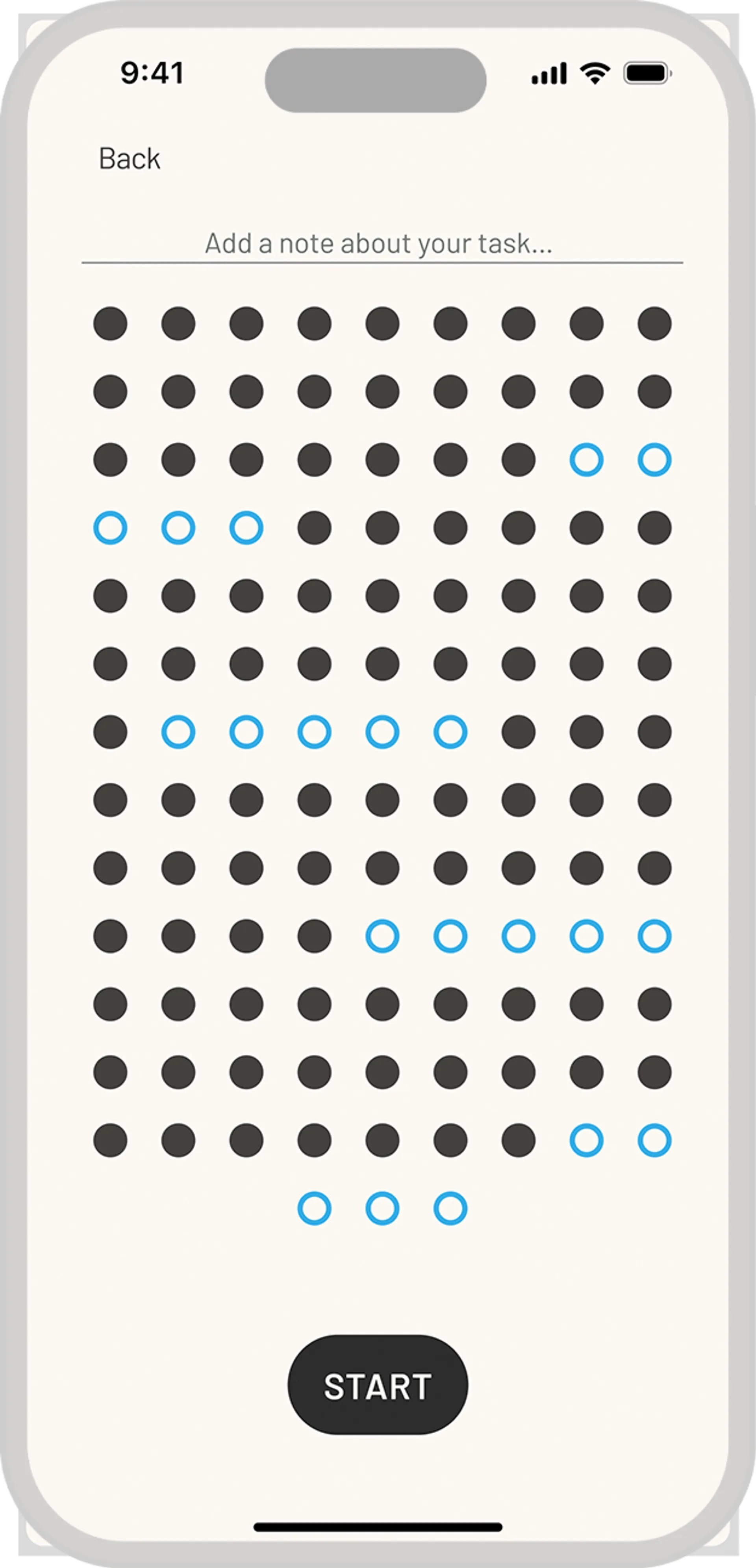 Initial screen for a basic Pomodoro timer, consisting of 4 - 25 minute active and 5 - 1 minute rest periods.