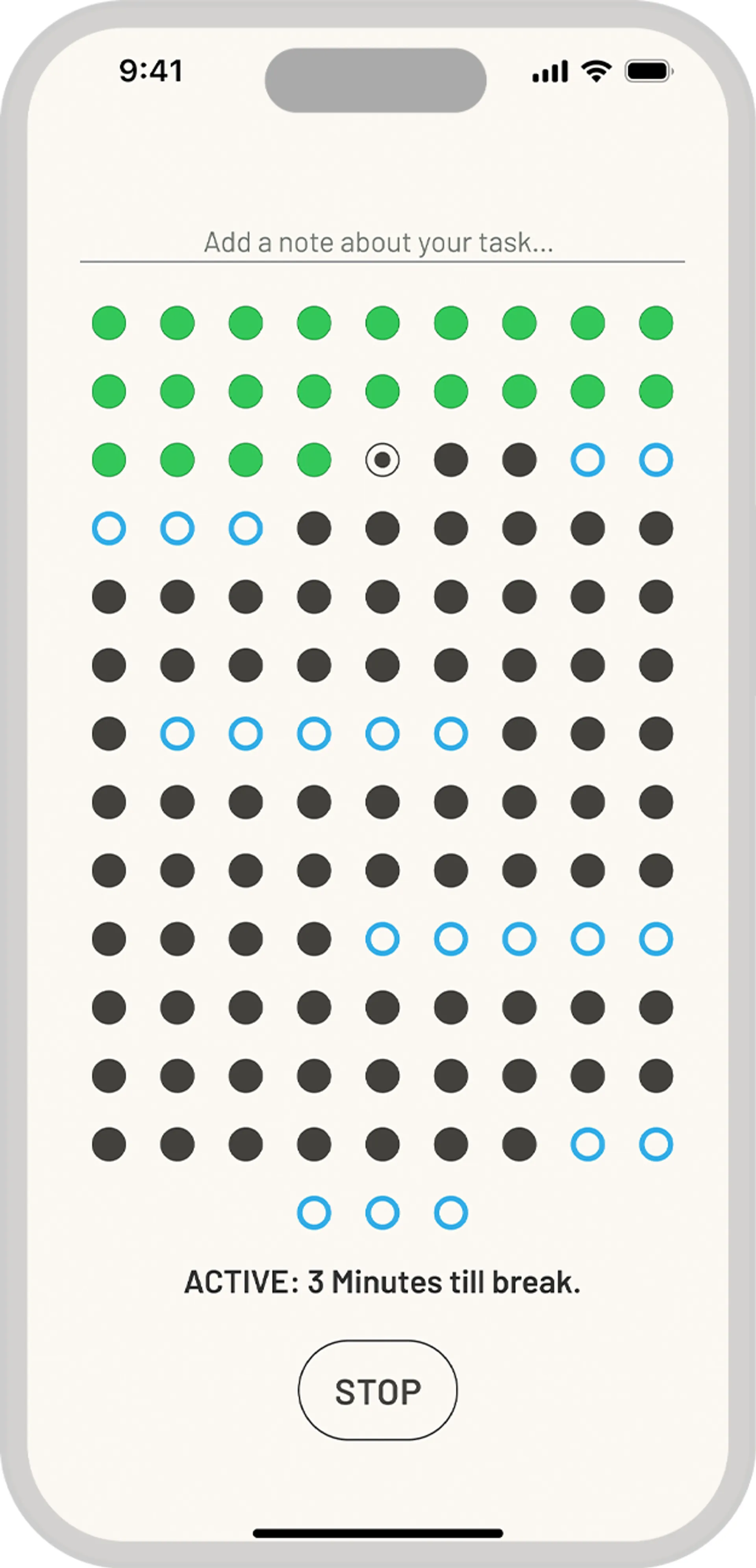 Initial screen for a basic Pomodoro timer, consisting of 4 - 25 minute active and 5 - 1 minute rest periods.