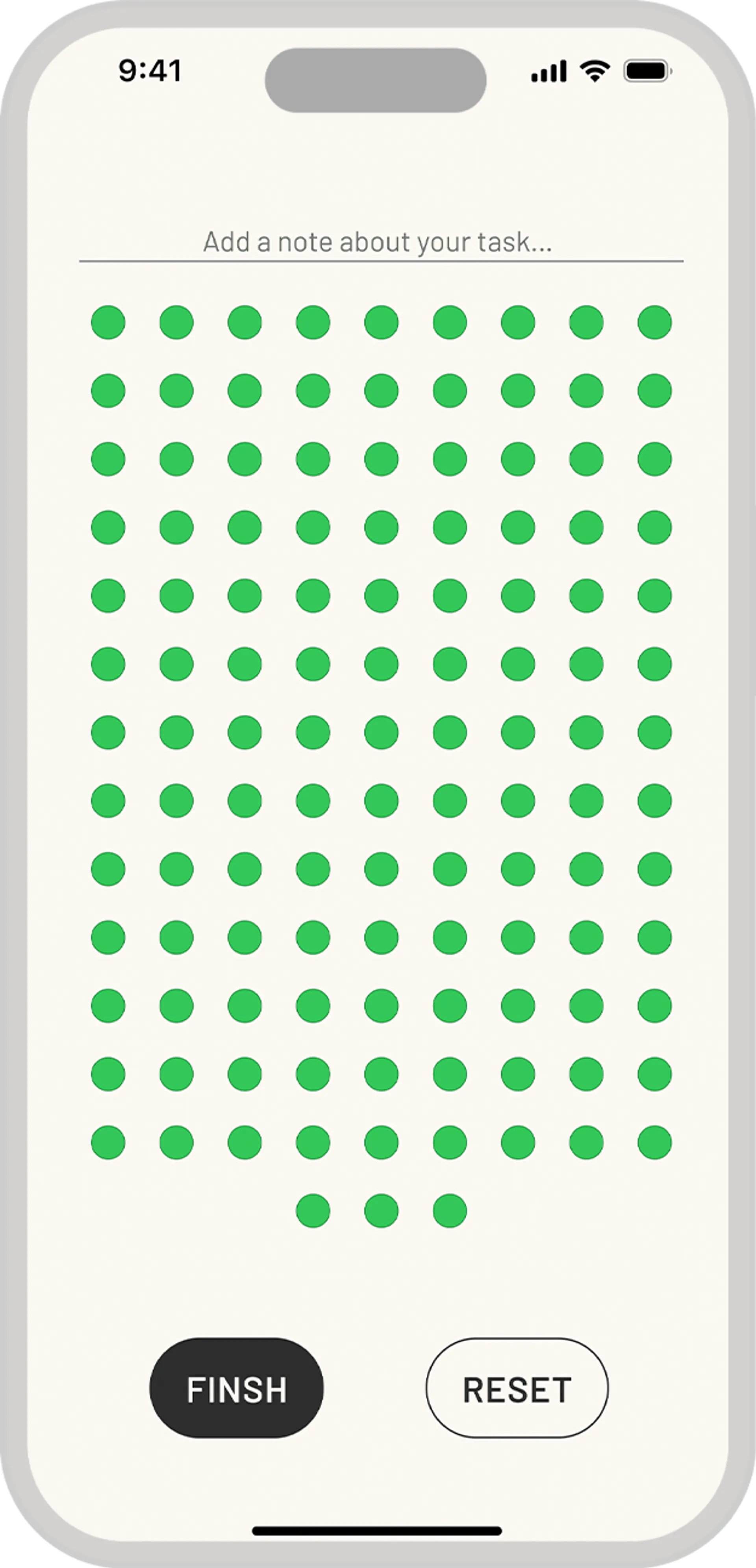 Initial screen for a basic Pomodoro timer, consisting of 4 - 25 minute active and 5 - 1 minute rest periods.