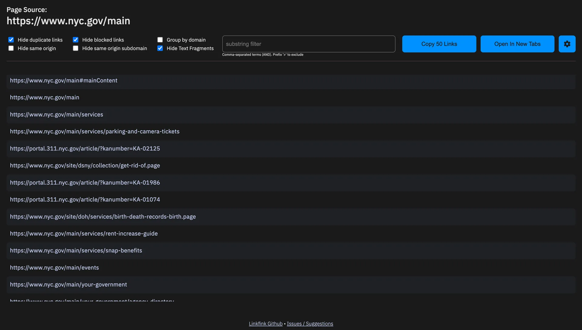 Screenshot of the updated Linkfink