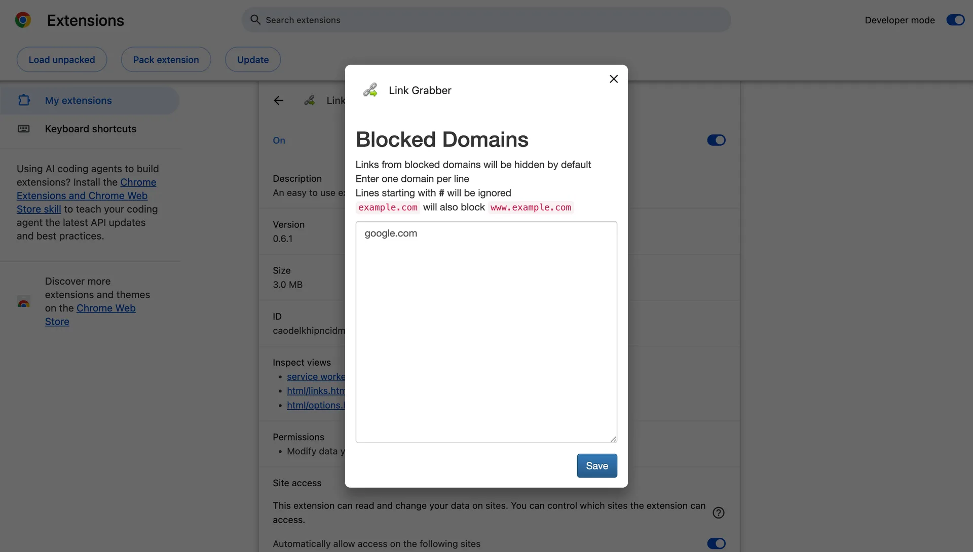 Screenshot of the original Link Grabber settings