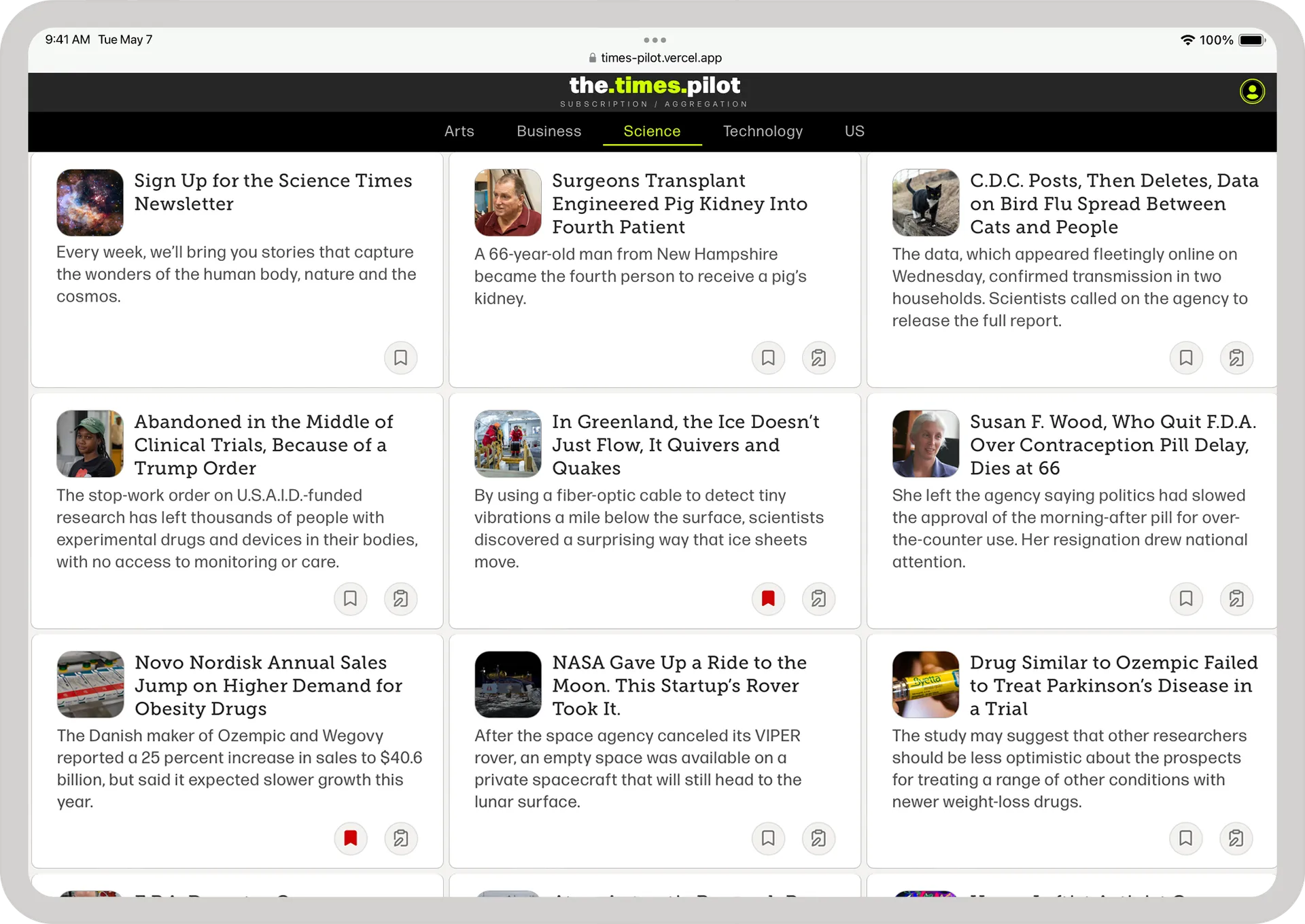 Screen view of The Times Pilot Webpage.
