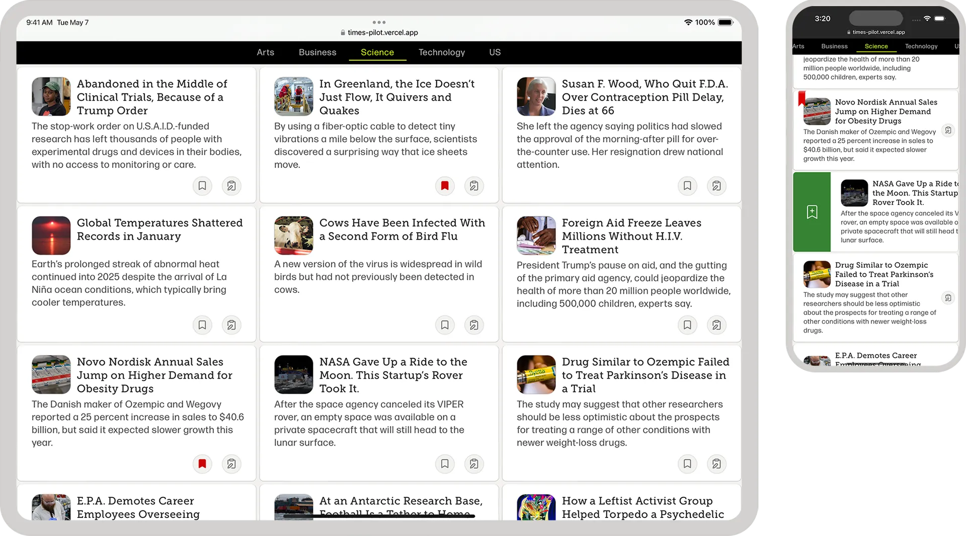 Tablet and mobile view of the.times.pilot