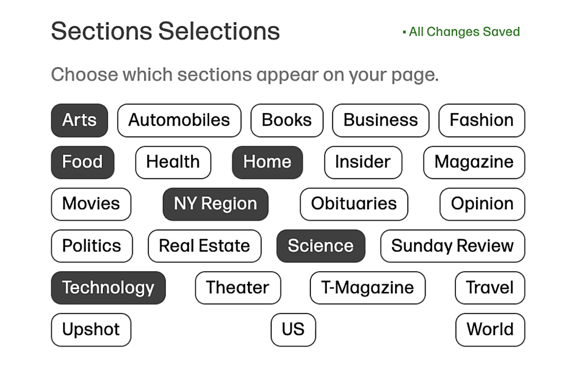 A closeup view of how the user can toggle each section into or out of view